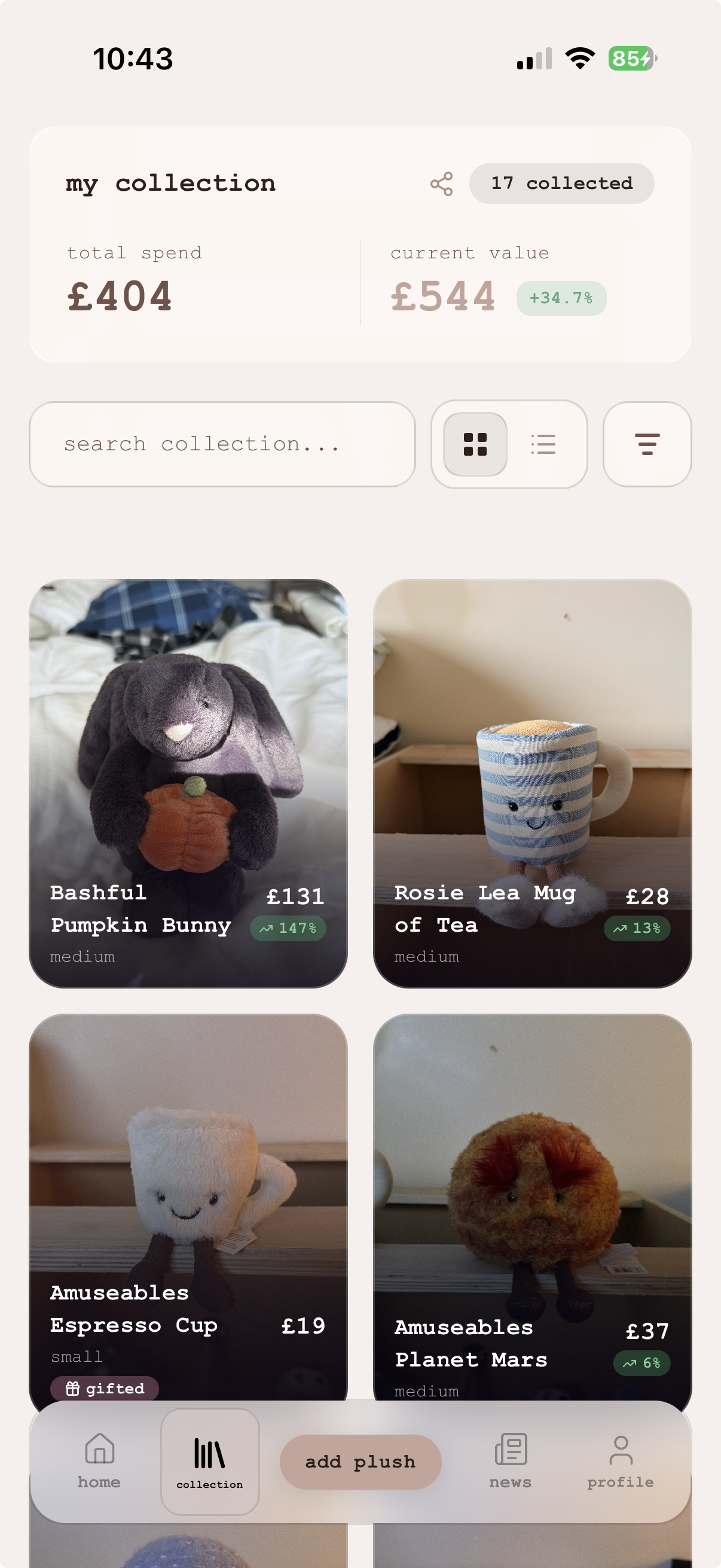 Plushfolio iOS app — view and manage your entire Jellycat collection with live market values