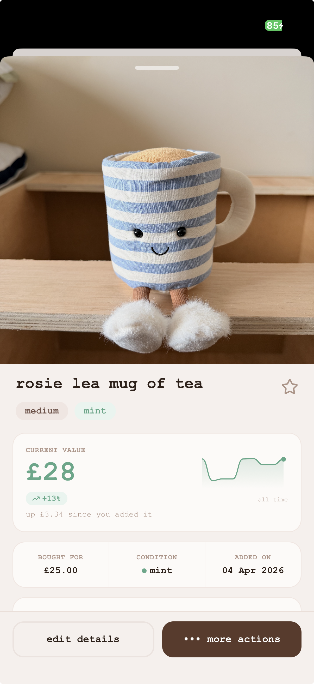 Plushfolio iOS app — detailed Jellycat profile showing current resale value and collection notes